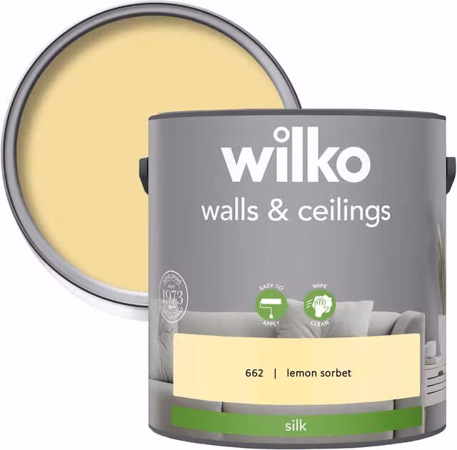 wilko Walls and Ceilings Silk Emulsion Paint, Lemon Sorbet Yellow, 2.5 l