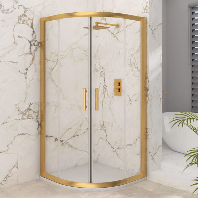Royal Bathrooms Venice Quadrant Shower Enclosure with White Mineral Cast Stone Shower Tray, Brushed Brass, W/D: 90 x 90 cm, 6mm Double Sliding Door