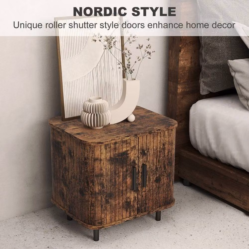 NESTLUNE Brown Scandinavian Nightstand with Sliding Doors and Metal Legs, W: 100 cm, D: 15 cm, H: 15 cm – 6