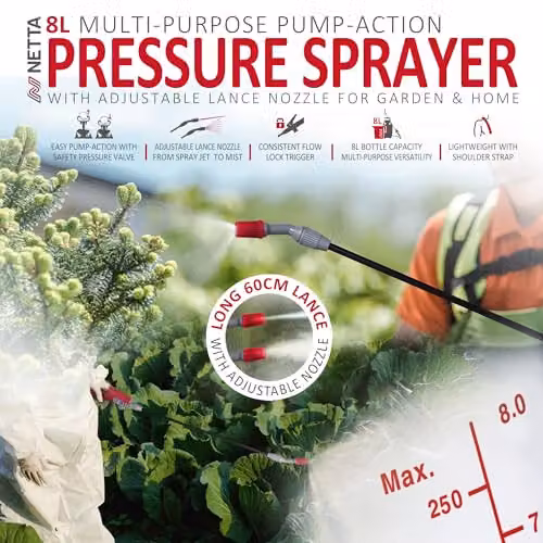 NETTA 8L Manual Pressure Garden Sprayer in White and Transparent with Adjustable Mist Nozzle for Plants, Fertilizer and Weed Killer – 2
