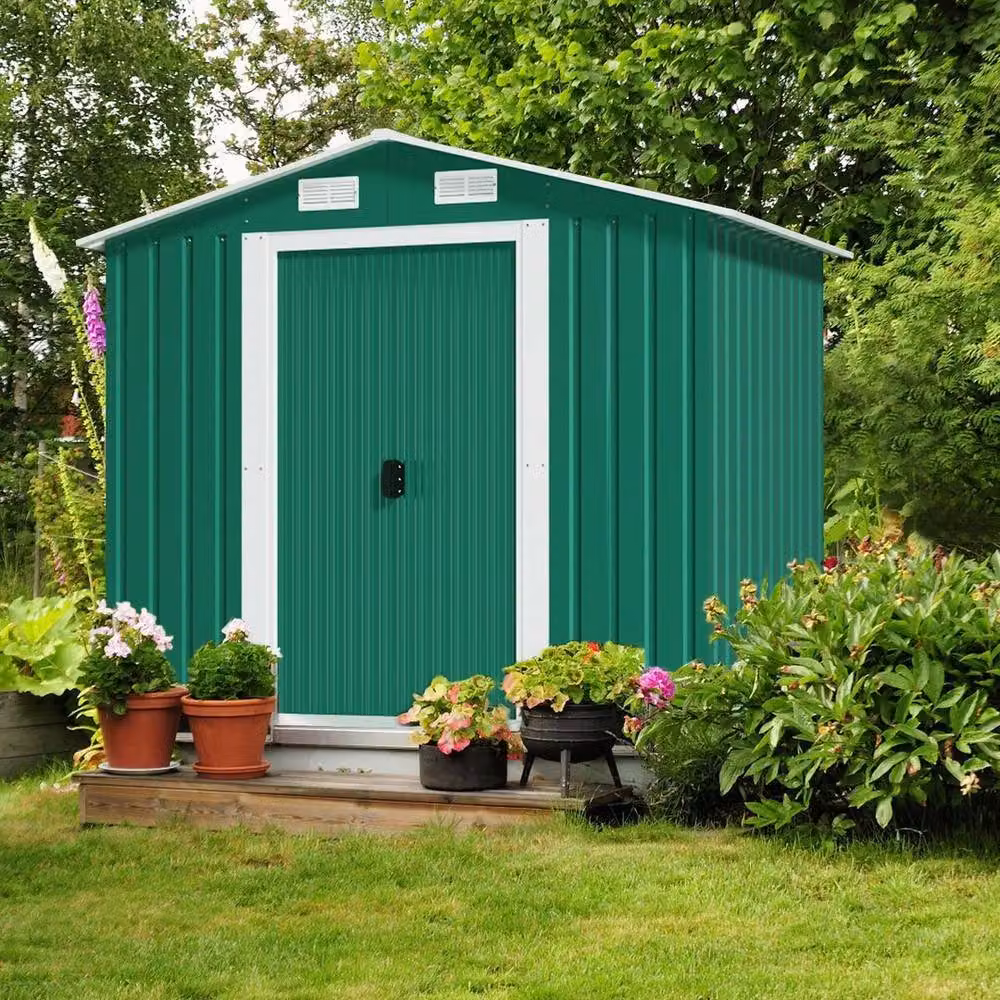NESTLUNE Green Metal Garden Storage Shed with Double Doors and Foundation, W/D/H: 182.88 x 121.92 x 186.0 cm – 3