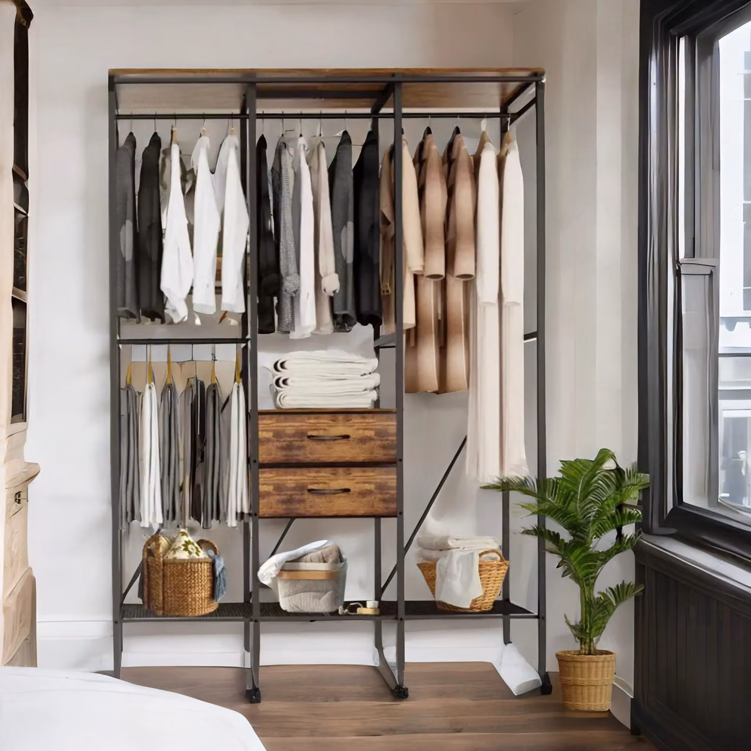 Pirlo Plush Industrial Rustic Open Wardrobe with Garment Rail, Storage Shelves and Drawers in Brown and Black – 2