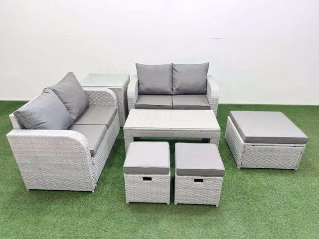 Fimous 7 Seater Rattan Garden Furniture Set in Light Grey with Oblong Coffee Table, Ottoman and Side Table