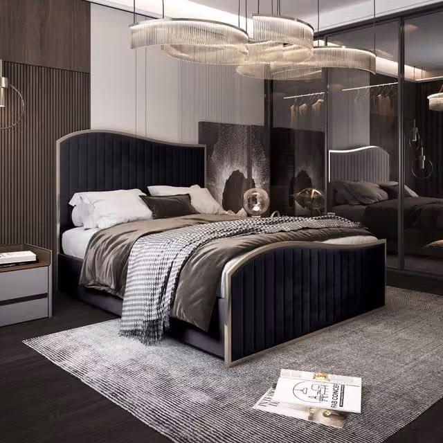 KDMD Brixton Super King Upholstered Velvet Bed Frame in Black with Metal Details, 200 x 200 cm – 1