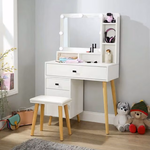 Home Source Forta Dressing Table with LED Mirror, Storage Cupboard and Stool in White