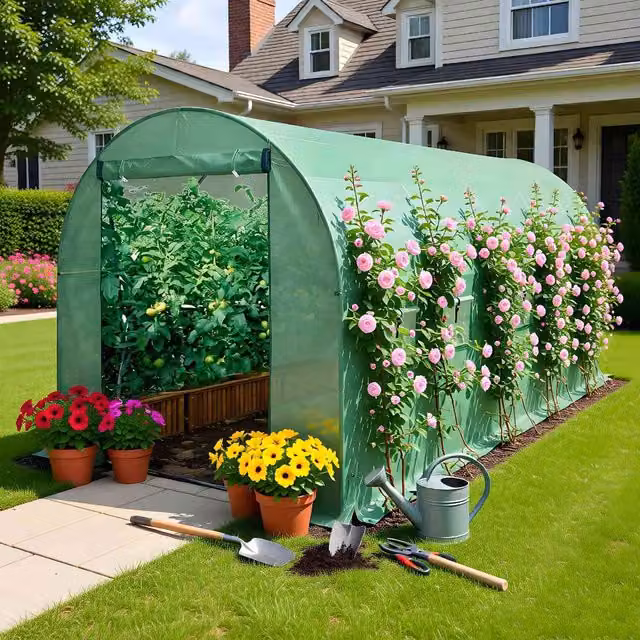 BIRCHTREE Green Galvanised Steel Frame Polytunnel Greenhouse, L 5 m x W 2 m x H 2 m