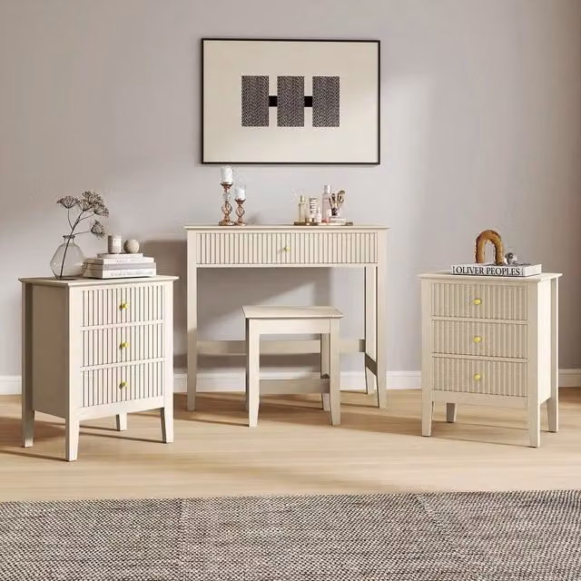 Melody Maison Hales Taupe Dressing Table, Stool and Pair of 3 Drawer Bedside Tables in Beige