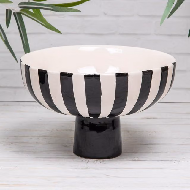 Annibells Ceramic Fruit Bowl Pedestal Dish in Black, White and Green