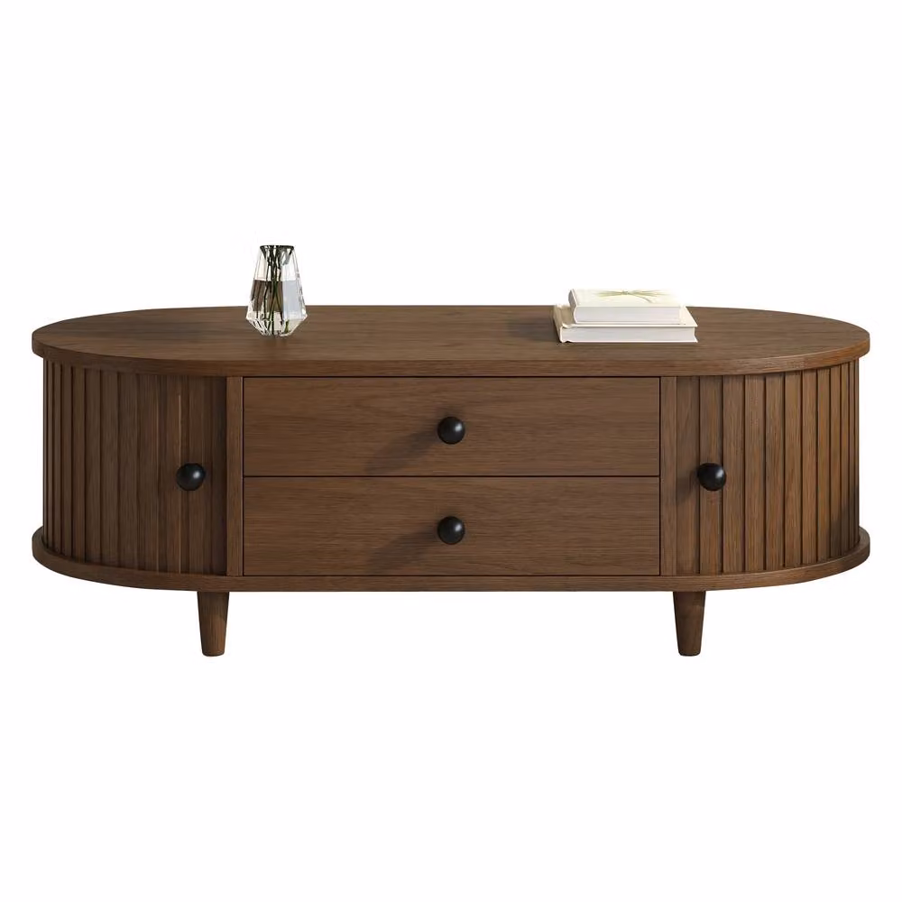 ModernLuxe Oval Coffee Table with Sliding Doors and Drawers in Walnut – 4
