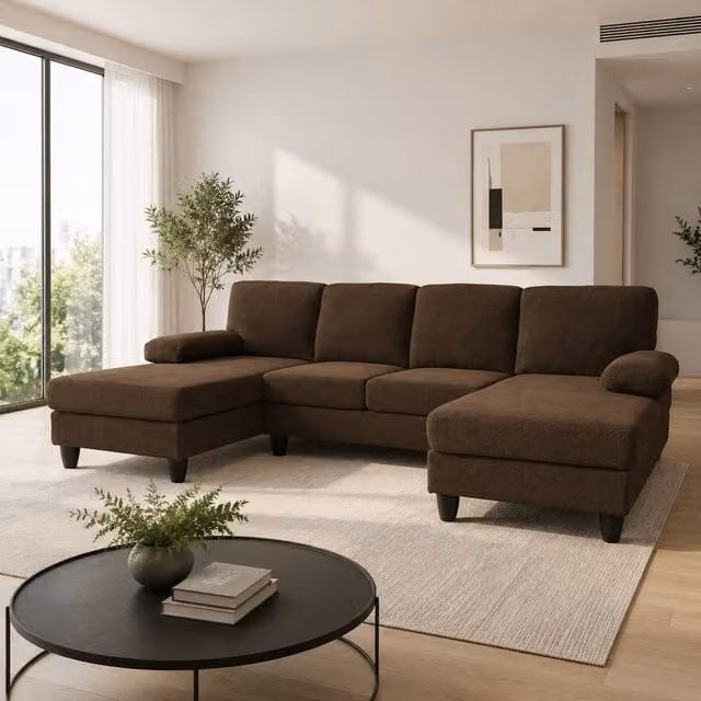 Merax U Shaped Sofa with Double Chaise and Upholstered Armrests in Brown, W/D/H: 264 x 137 x 83 cm