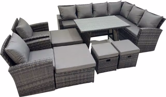 Fimous 12 Seater Dark Grey Rattan Garden Furniture Set with Glass Tabletop