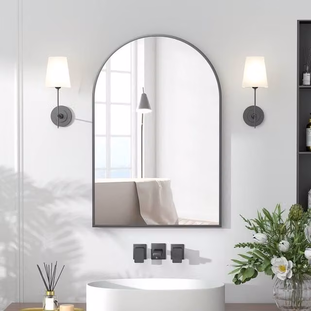 KEEPREAPER Black Arched Bathroom Mirror Cabinet, Wall Mounted, W: 50 cm, H: 76 cm