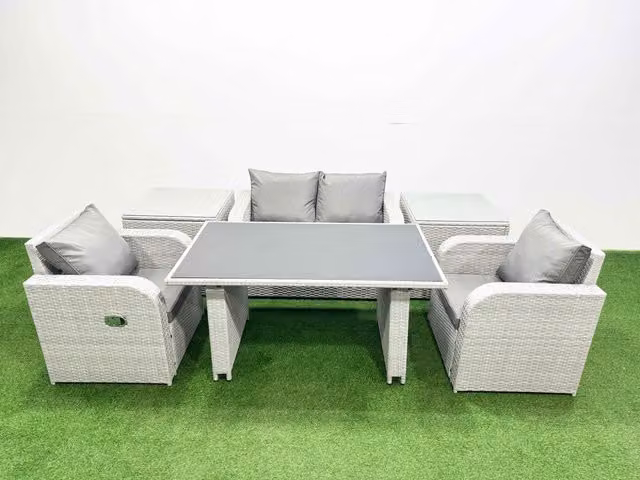 Fimous 4-Seater Outdoor Rattan Garden Furniture Dining Set with 2 Side Tables in Light Grey