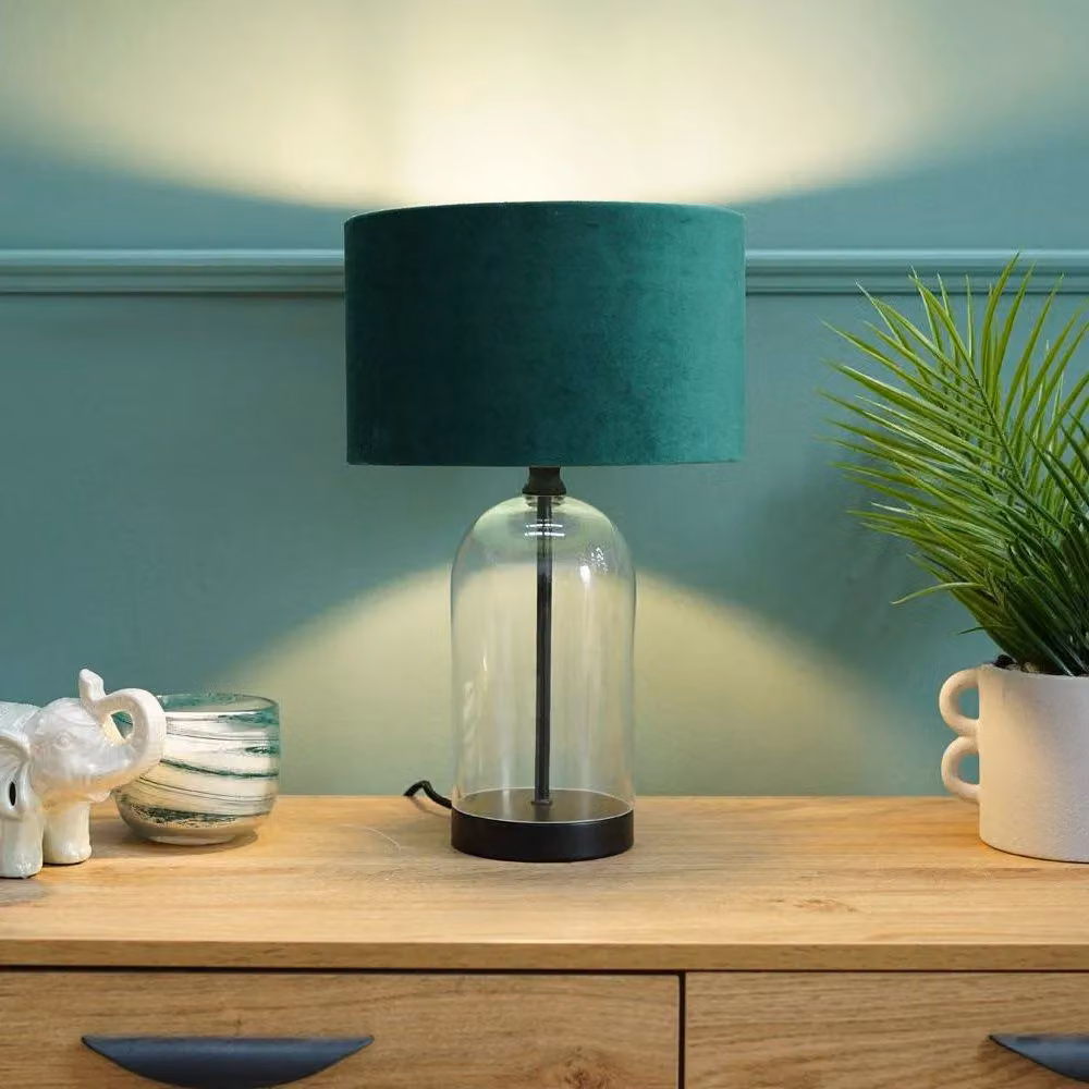 ValueLights Jessy Black Glass and Metal Table Lamp with Forest Green Fabric Shade – 3