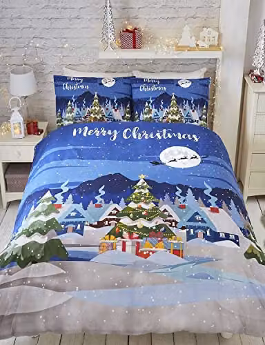 Bedlam Glow in the Dark Christmas Duvet Cover and Pillowcase Set, Snow Village and Tree Design, W/D/H: 140 x 200 cm, Multicolour – 3