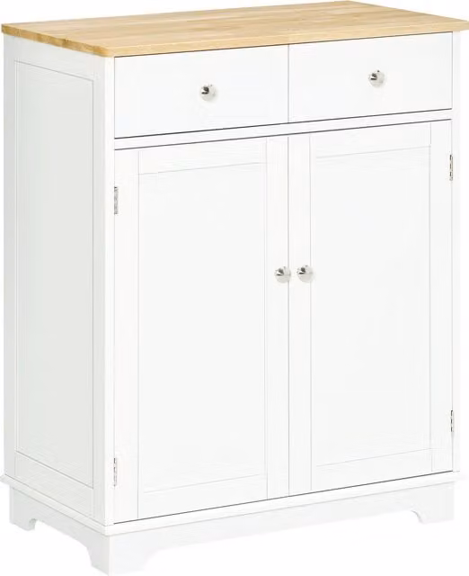 HOMCOM White Kitchen Floor Cabinet and Sideboard with Solid Rubberwood Top and Adjustable Shelf – 1