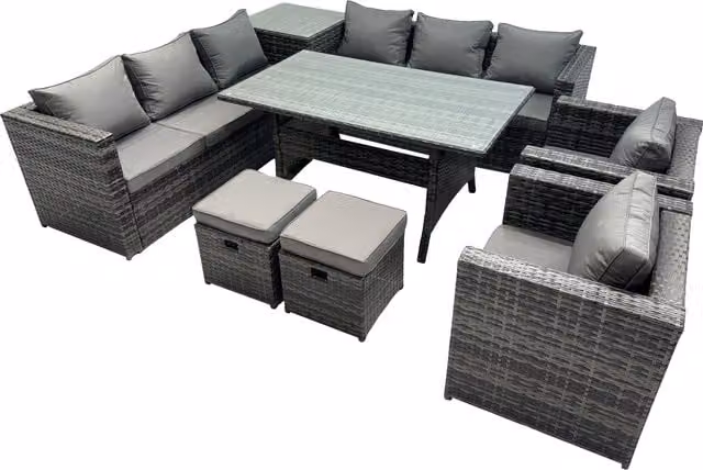 Fimous 10 Seater Garden Rattan Furniture Set with Side Table and 2 Small Stools in Dark Grey