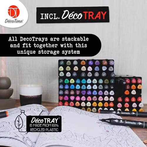 Decotime 100 Pack Multicolour Twin Alcohol Brush Ink Markers with Stackable Deco Tray – 3