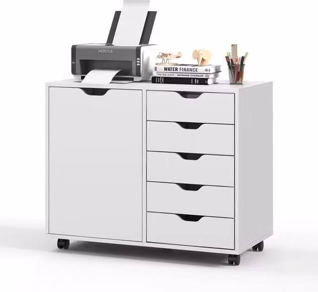 Costway 5-Drawer Mobile Side Cabinet in White