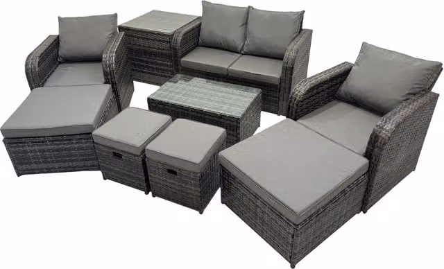 Fimous 8-Seater Rattan Outdoor Sofa Set in Dark Grey with Recliners, Coffee Table and Ottoman