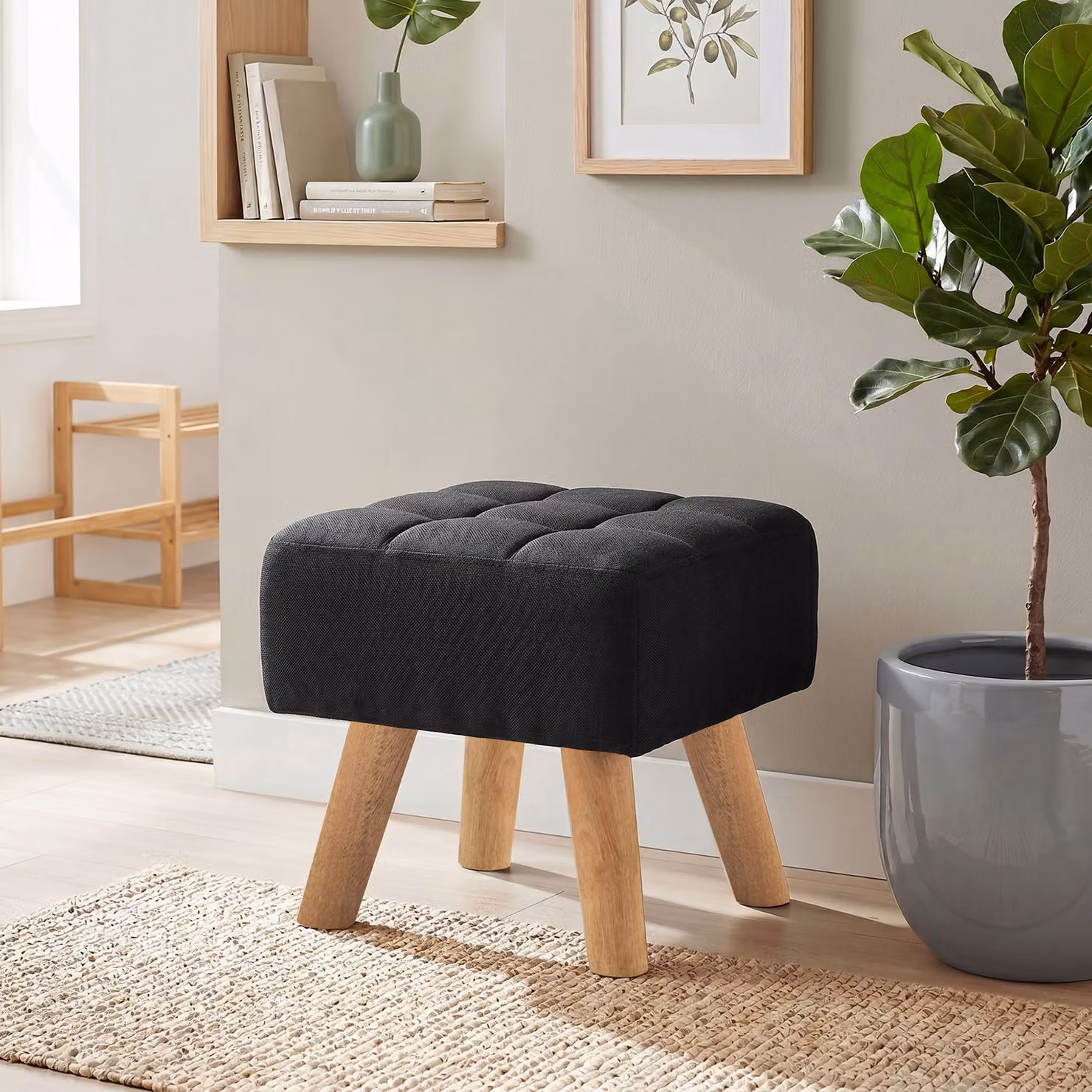 HOMCOM Black Linen-Look Square Padded Footstool – 7