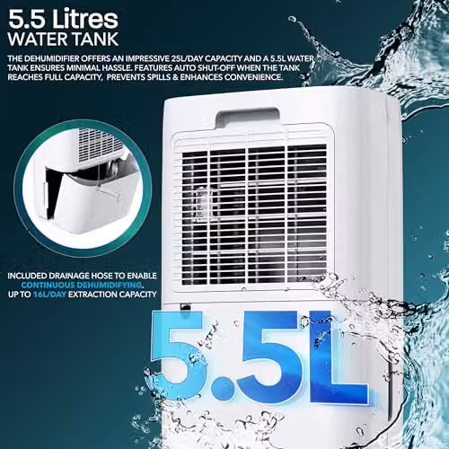 MONHOUSE Digital Dehumidifier in White with Sleep Mode, 24H Timer and Continuous Drain, 16L/Day Capacity – 5
