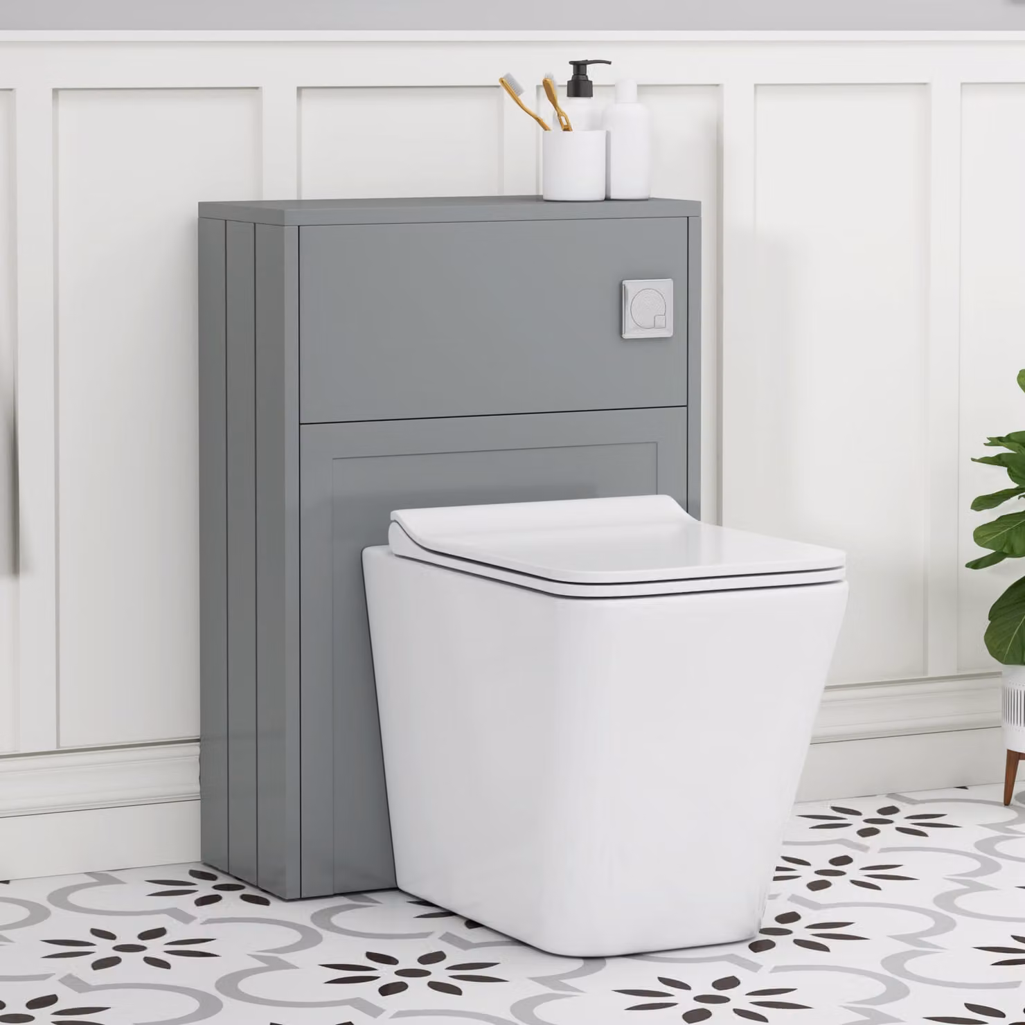Royal Bathrooms Elmore Matt Pebble Grey Back to Wall WC Unit with Elena Rimless Ceramic Toilet Pan, Slim Soft Close Seat and Cistern, Width: 55 cm