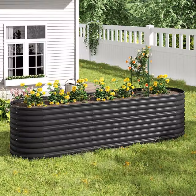 Livingandhome Anthracite Oval Galvanised Steel Raised Garden Bed 80cm