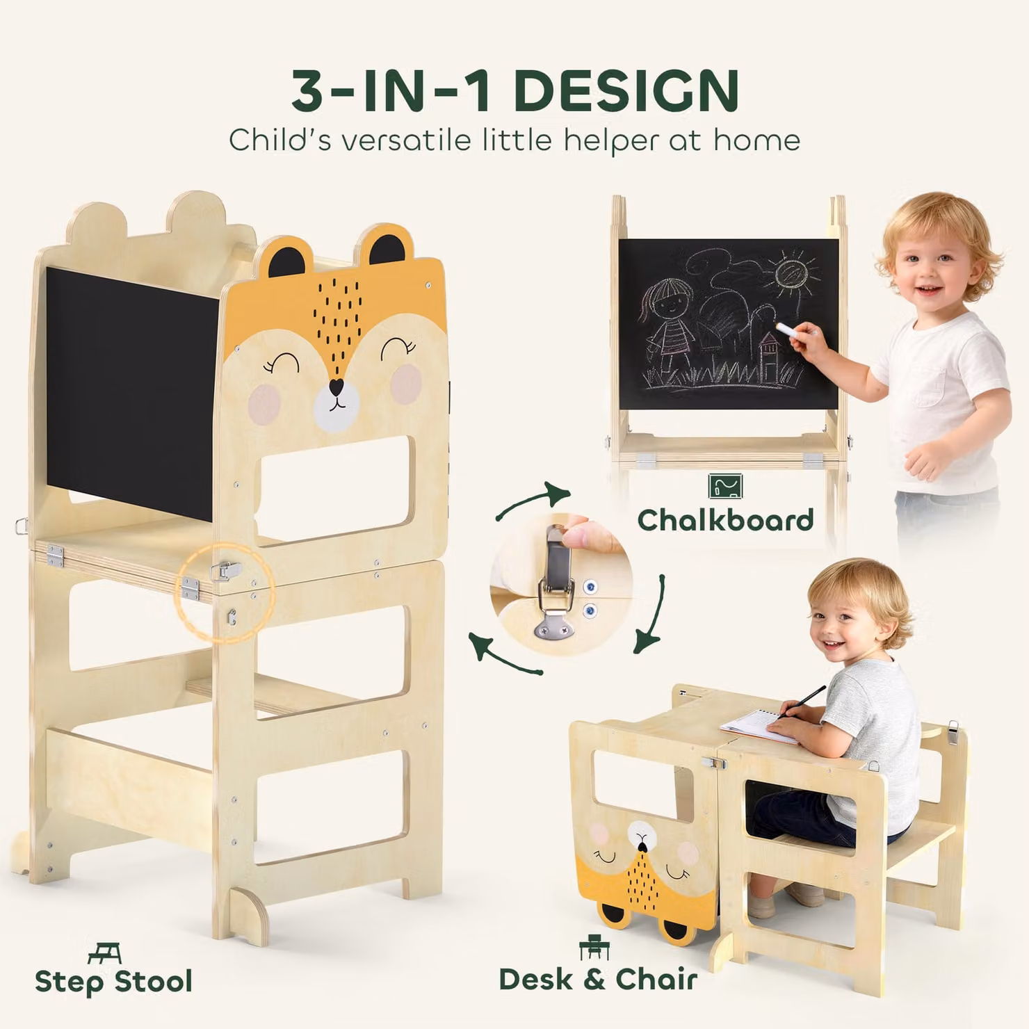 AIYAPLAY 3-in-1 Fox-Shaped Toddler Step Stool and Standing Tower with Chalkboard in Natural Brown Wood – 3