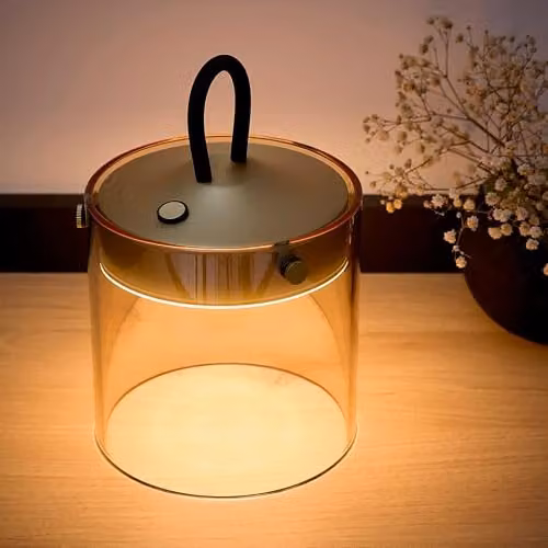 K LIVING Quito Small Rechargeable LED Tabletop Lamp with Champagne Smokey Glass and Antique Brass Finish, Dimmable Touch Control, Gold/Brass – 3