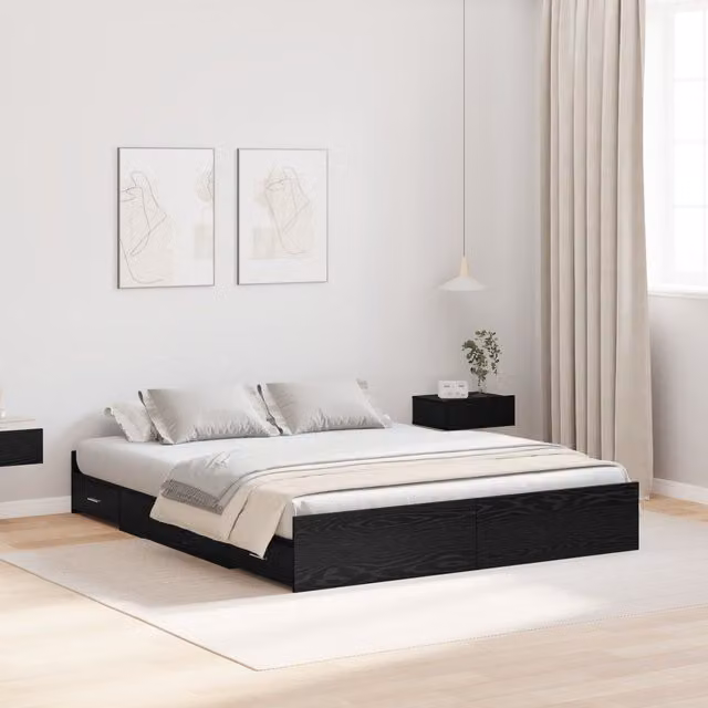 Berkfield Home Storage Bed Frame with Drawers in Black Oak, W/D/H: 135 x 190 cm – 1