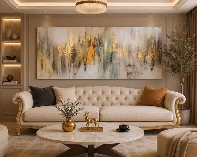 Mafett Gilded Reflections Modern Abstract Floral Canvas Wall Art in Gold and Grey, W: 150 cm, H: 80 cm