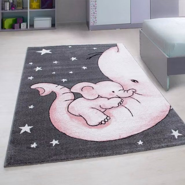 Bravich LTD Baby Elephant and Stars Kids Rug in Pink, W: 120 cm, L: 170 cm – 1