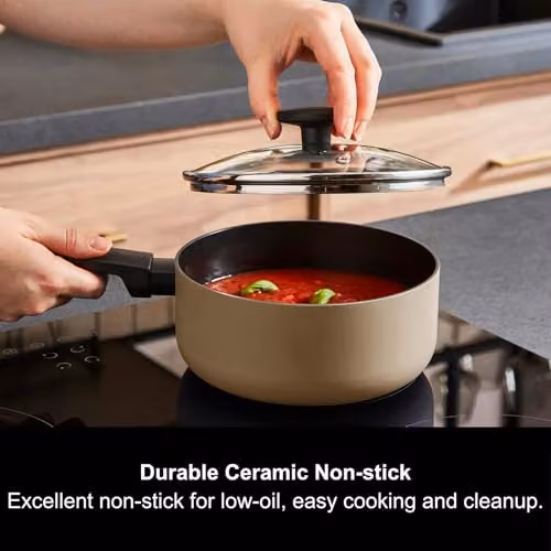 Morphy Richards 5-Piece Aluminium and Ceramic Saucepan and Frying Pan Set, Beige – 6