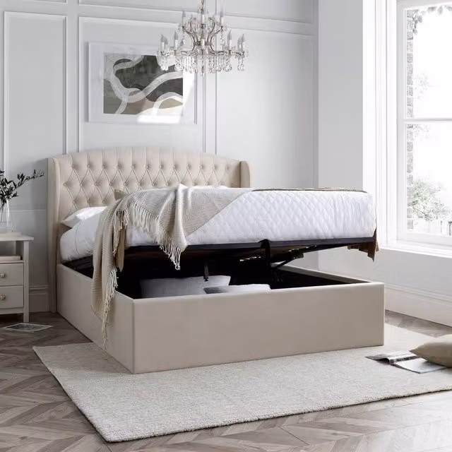 Bedmaster Warwick Velvet Ottoman Bed and Memory Maestro Memory Foam Mattress in Light Stone, W/D/H: 140 x 200 x 145 cm