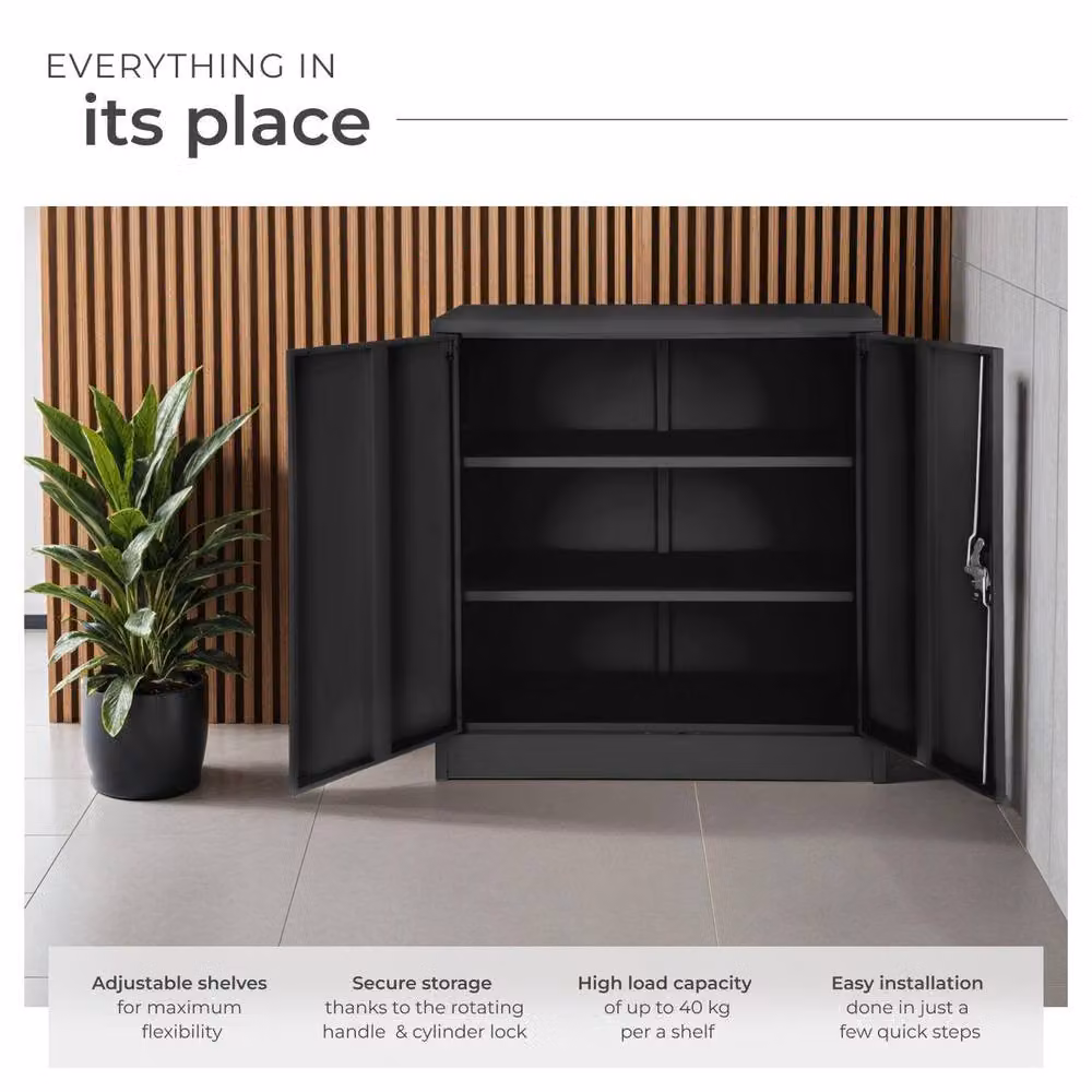 tectake Modern Metal Filing Cabinet in Black with Hinged Doors and Adjustable Shelves – 3