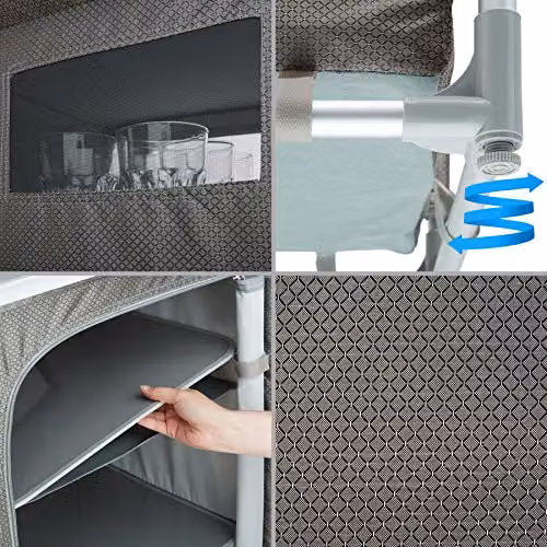 tectake Portable Camping Kitchen and Outdoor Storage Cupboard in Grey with Aluminium Frame, 6 Internal Shelves and Zipped Doors – 5