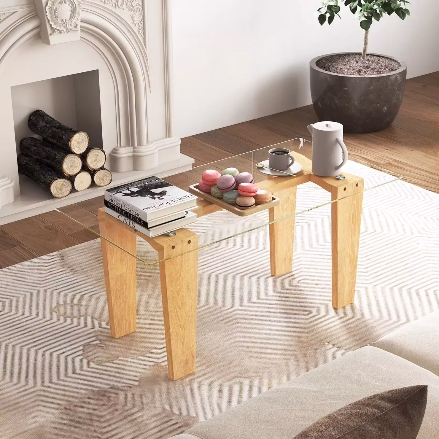 Costway Modern Rectangular Coffee Table with Transparent Tempered Glass Top and Natural Rubberwood Legs – 3