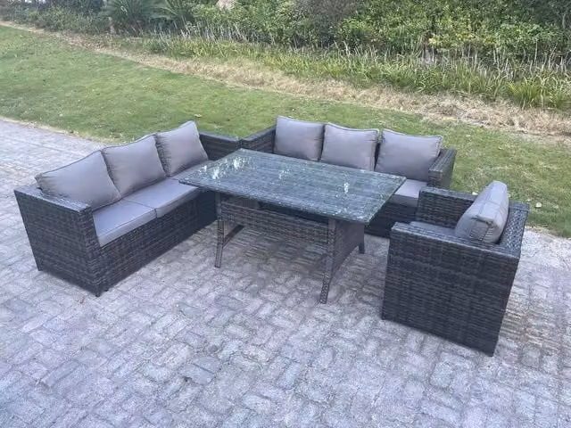 Fimous 7 Seater Rattan Garden Furniture Set with Upholstered Cushions and Glass Coffee Table in Dark Grey