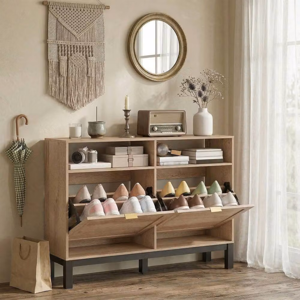 STILVORA Modern Brown Shoe Cabinet with Tilting Compartments and Open Shelves – 4