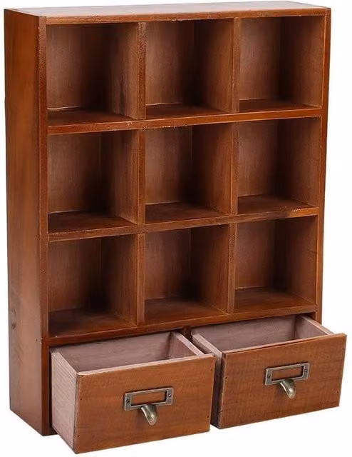 Kelvenix Brown Wooden Desktop Storage Organizer with 9 Cubbies and 2 Drawers