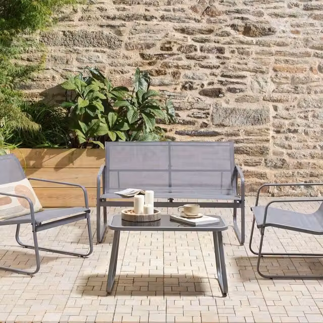 Wyld and Coco Garden Grey Industrial 4-Seater Sofa Set with Coffee Table