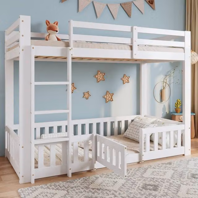 Rolipo White Solid Wood Bunk Bed for Children with Safety Fences, W/D/H: 90 x 190 cm