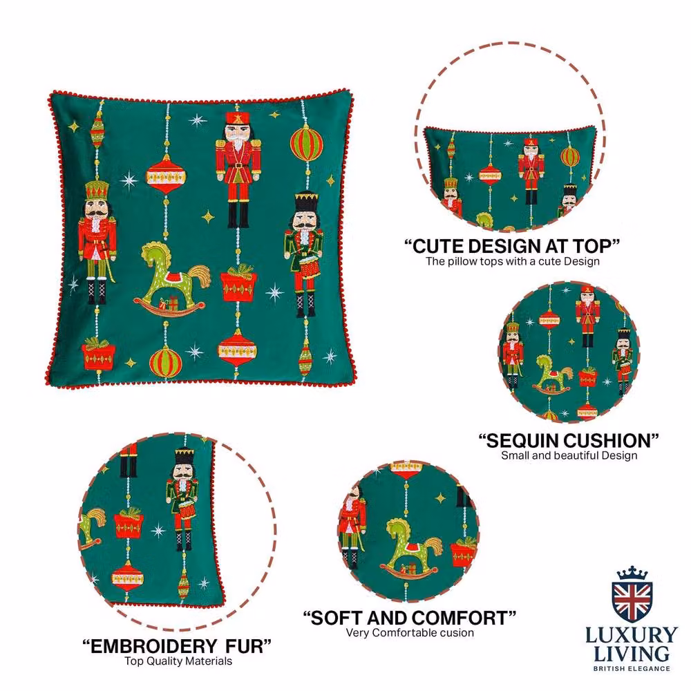 Luxury Living Green Embroidered Nutcracker Christmas Cushion, W x H: 45 x 45 cm – 7