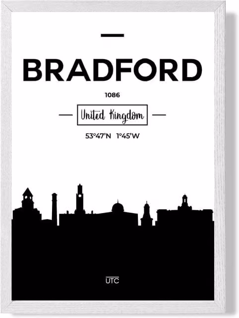 ARTZE Bradford Black and White City Skyline Framed Paper Poster with White Frame – 1