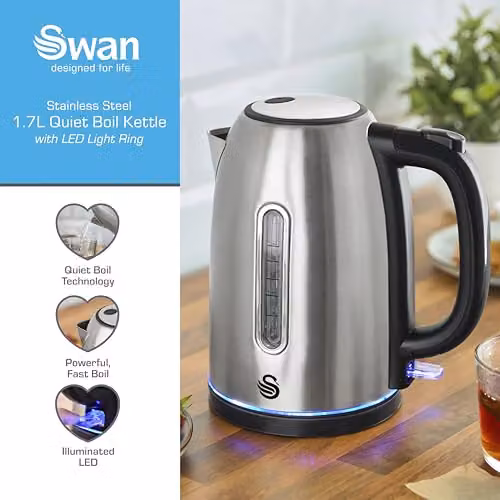 Swan Quiet Boil Stainless Steel Cordless Kettle in Silver with Removable Limescale Filter and 3kW Fast Boil – 2