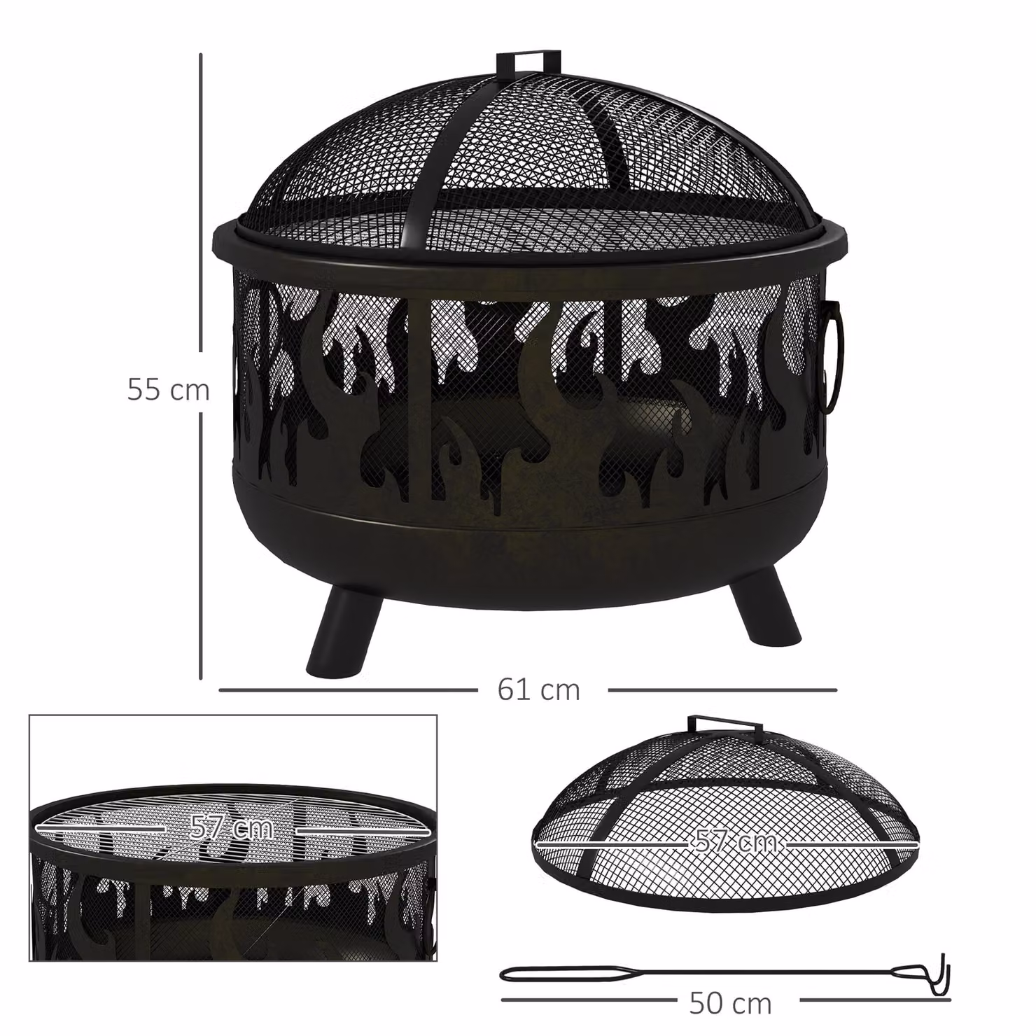 Outsunny 2-in-1 Metal Round Fire Pit Bowl with Lid and Grill in Black – 3
