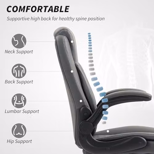 HOMCOM Modern Anthracite Grey Synthetic Leather Swivel Task Chair with Headrest and Armrests – 4