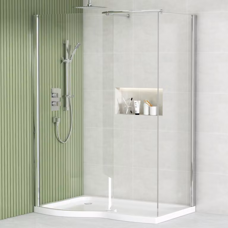 Royal Bathrooms Elegance Walk In Glass Shower Enclosure with Tray, Clear, W: 140 cm, D: 90 cm, Glass Thickness: 8 mm, Left Handed