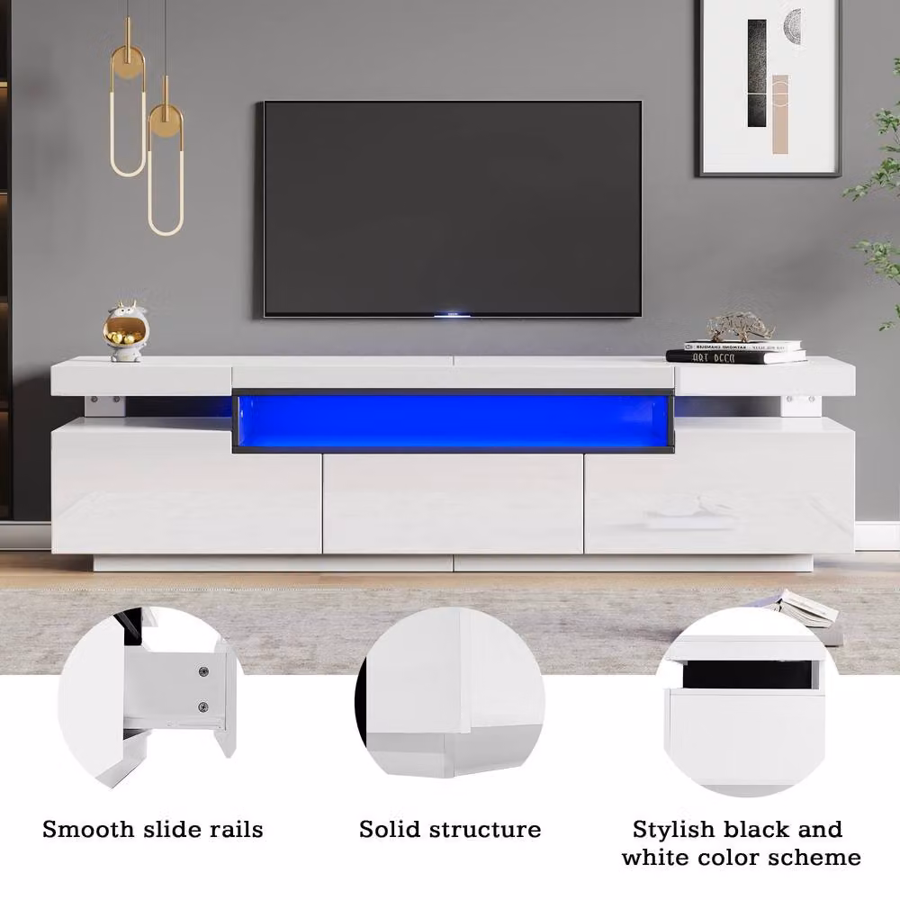 Matteo White High Gloss Modern TV Unit with LED Lights and Storage for up to 70-inch TVs, Width: 160 cm – 2